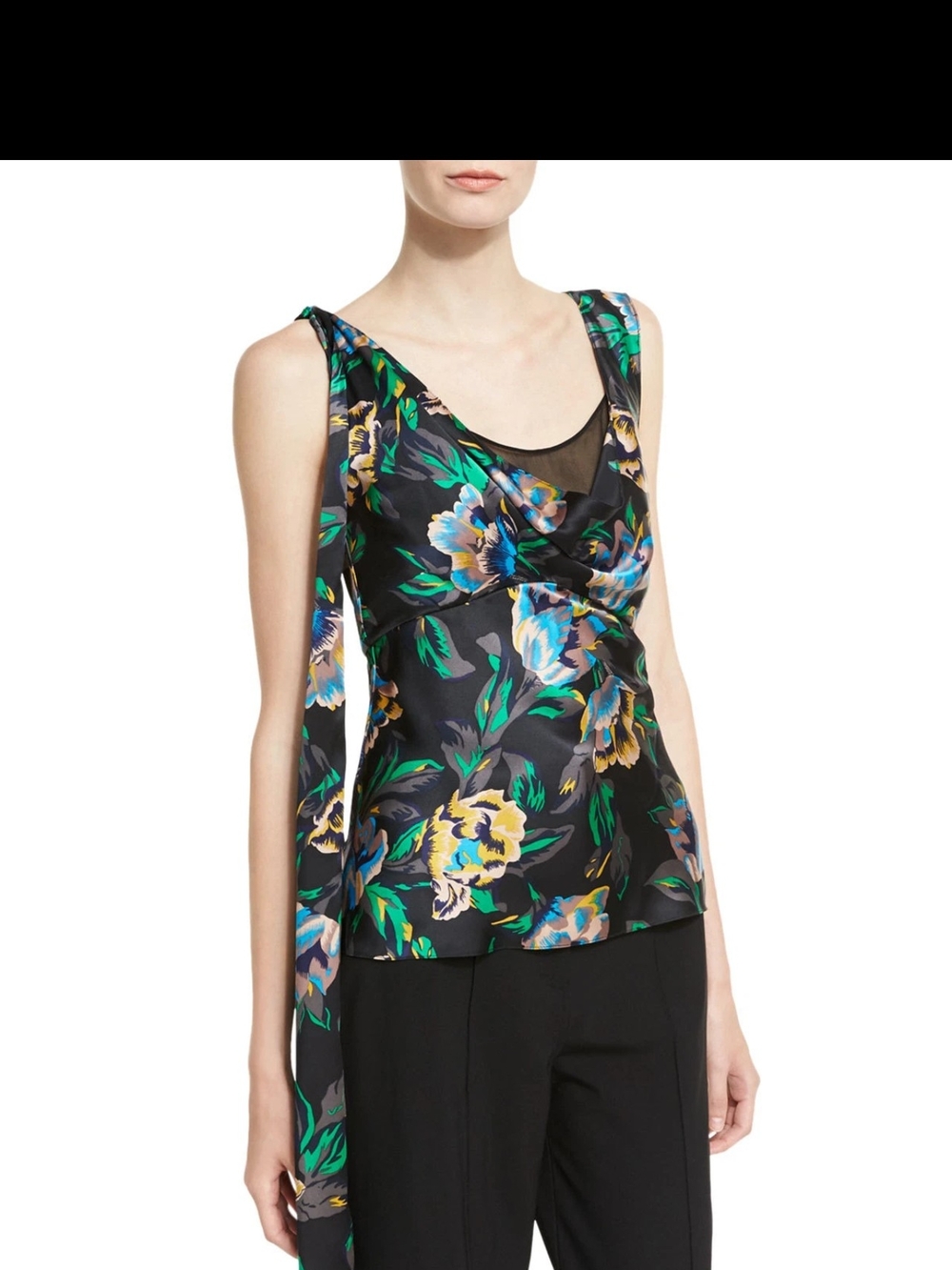 Diane Von Furstenberg Black Floral Satin Tie-Shoulder Camisole
